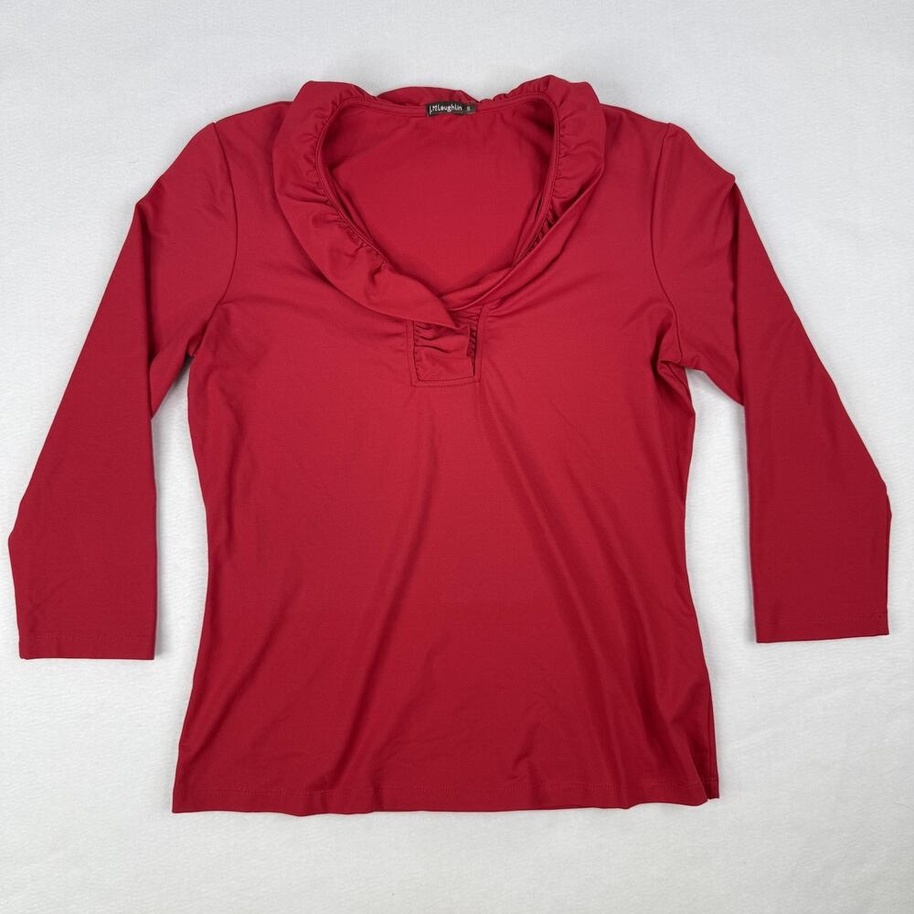 J McLaughlin Top Womens Small Red Cowl Neck 3/4 Sleeve Ruffle Jersey Basic Shirt